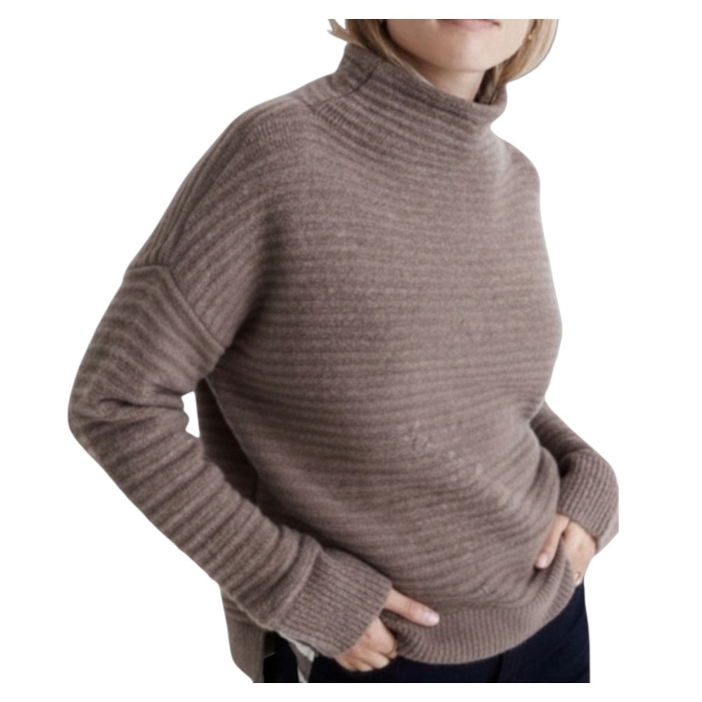 MADEWELL Belmont Mock Neck Sweater TAUPE BROWN Wool Blend WIDE RIB Side Slit 2X